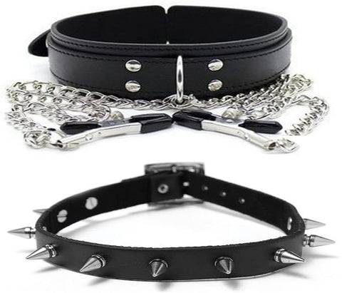 Bondage Fetish Collar w/ Non-Piercing Adjustable Nipple Clips Plus A Spike Rivet Choker