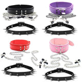 Bondage Fetish Collar w/ Non-Piercing Adjustable Nipple Clips Plus A Spike Rivet Choker