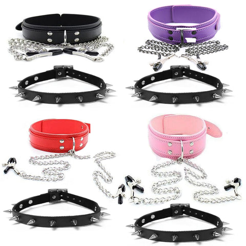 Bondage Fetish Collar w/ Non-Piercing Adjustable Nipple Clips Plus A Spike Rivet Choker