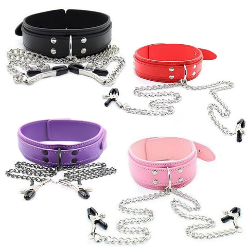 Vegan Leather Bondage Collar with adjustable Nipple clamps Kinky Fetish Restraint
