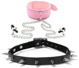 Bondage Fetish Collar w/ Non-Piercing Adjustable Nipple Clips Plus A Spike Rivet Choker