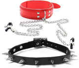 Bondage Fetish Collar w/ Non-Piercing Adjustable Nipple Clips Plus A Spike Rivet Choker