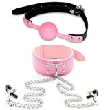 Kinky Fetish Bondage Collar w/ adj. nipple clips + Silicone Ball Gag Bundle
