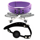 Kinky Fetish Bondage Collar w/ adj. nipple clips + Silicone Ball Gag Bundle