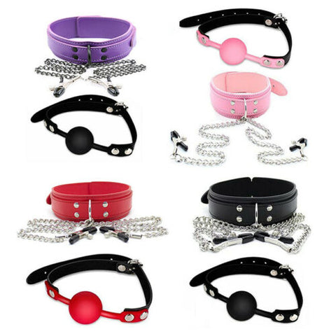 Kinky Fetish Bondage Collar w/ adj. nipple clips + Silicone Ball Gag Bundle