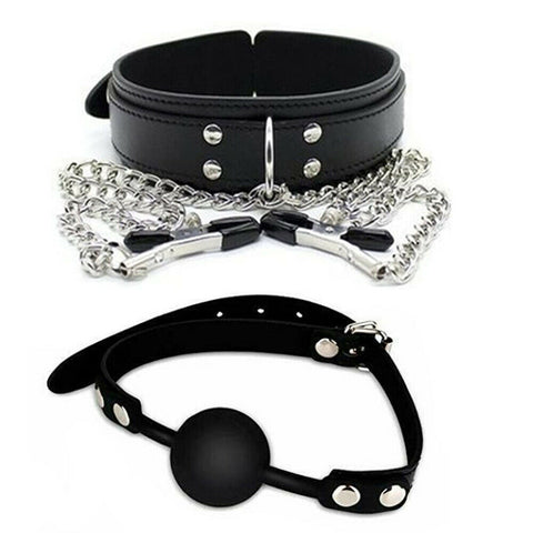 Kinky Fetish Bondage Collar w/ adj. nipple clips + Silicone Ball Gag Bundle