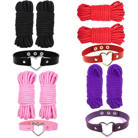 Pleasure Bling Soft Touch Bondage Rope 2 pack with Heart Choker Collar - bundle
